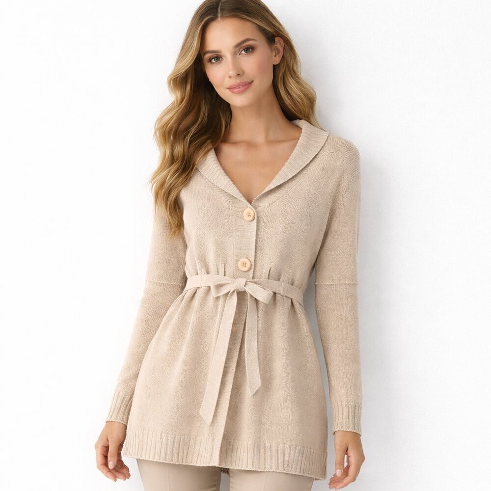 Beige Tie-Waist Knit Cardigan Sweater